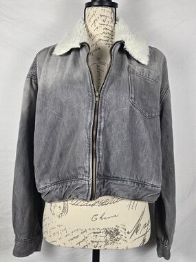 ÉTICA Blondie Jacket Cropped Denim Quartzite Charcoal Gray Faux Fur Collar - S